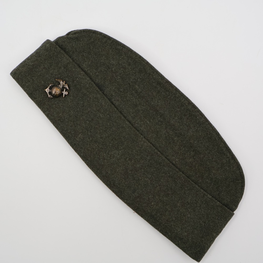 USMC Garrison Cap Mens 7 1/8 Olive Drab WWII Vintage Wool EGA Side Hat